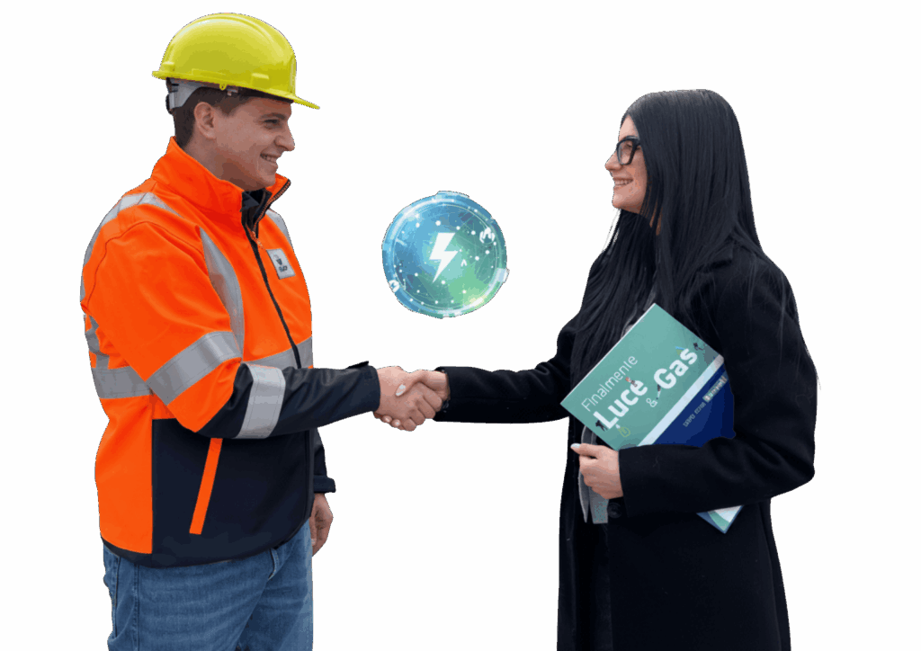 Tecnico in abbigliamento alta visibilitÃ  e consulente che si stringono la mano davanti a un logo di energia digitale, tenendo una cartella "Finalmente Luce & Gas"